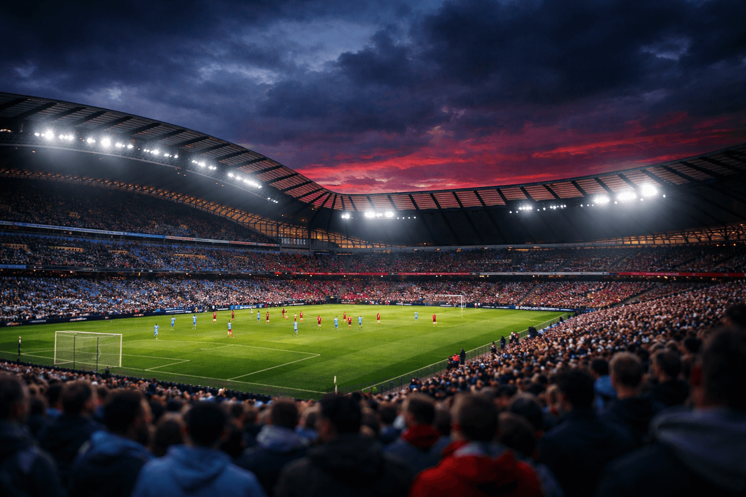 Vista editorial del estadio al atardecer para una experiencia deportiva premium